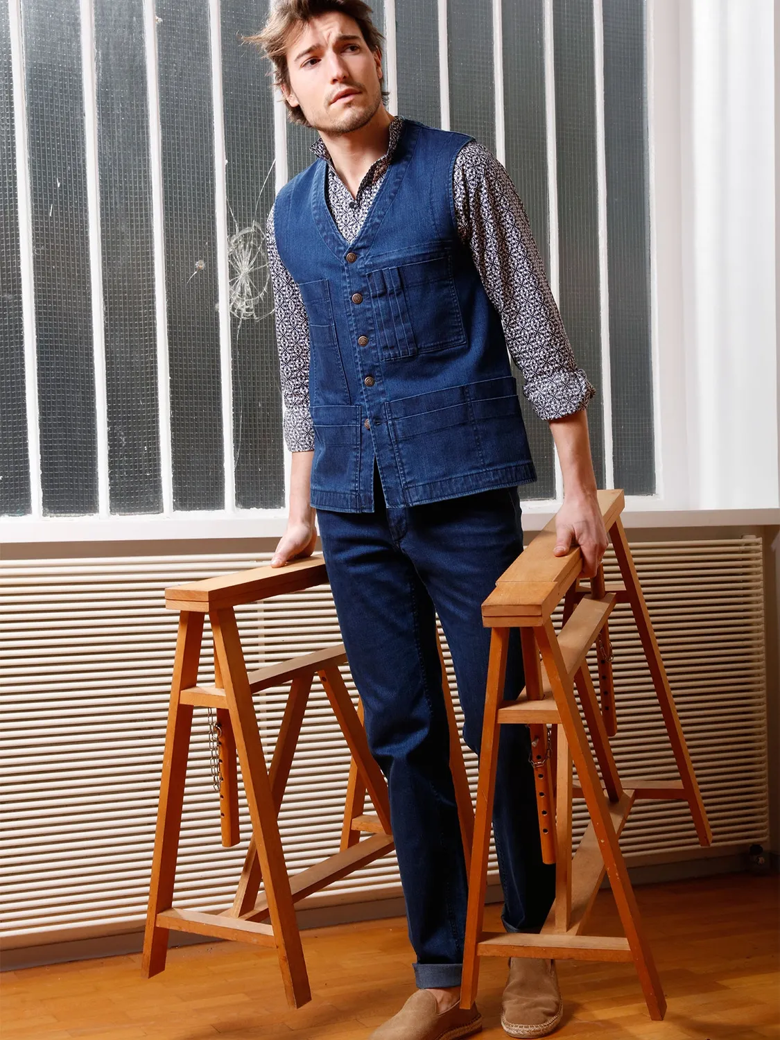 Hollington 20 poches gilet denim indigo extensible bleu 46
