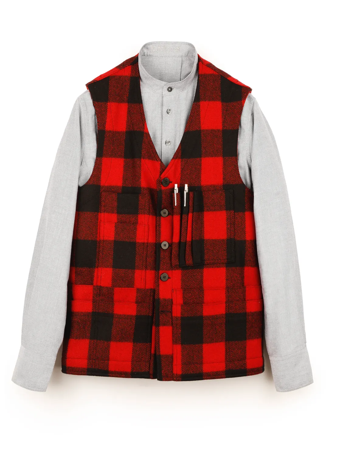 Hollington gilet 20 poches drap de laine carreaux rouges