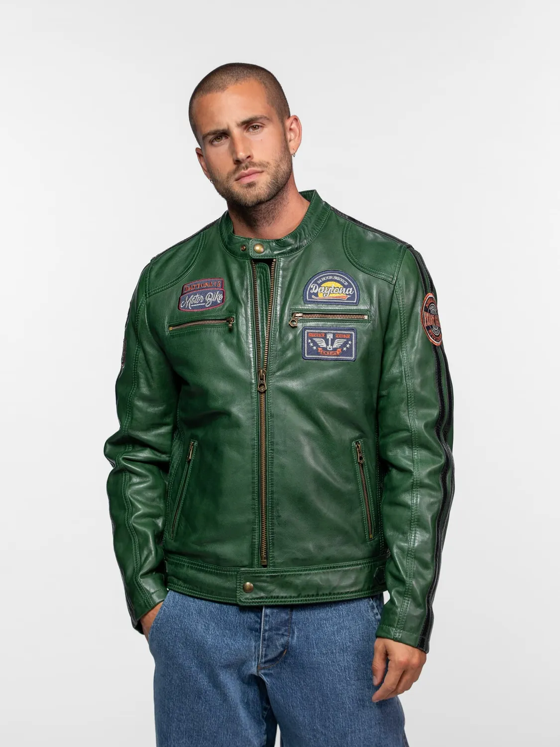 Daytona Tormo blouson cuir motard noir mouton patchs ajusté