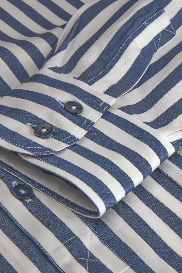 Hollington chemise col mao Tencel rayée bleu marine