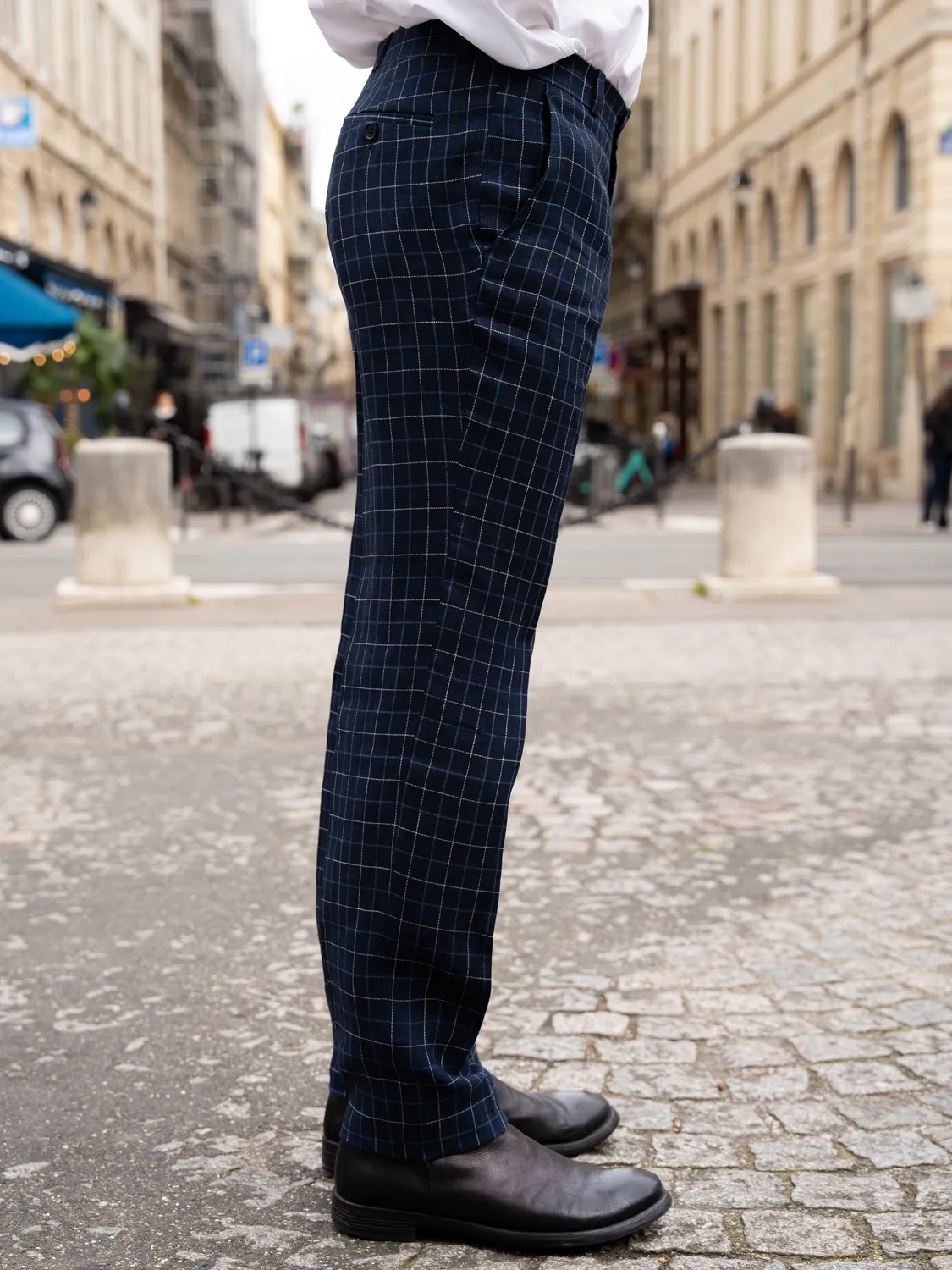 Hollington Siza pantalon lin laine carreaux British blue