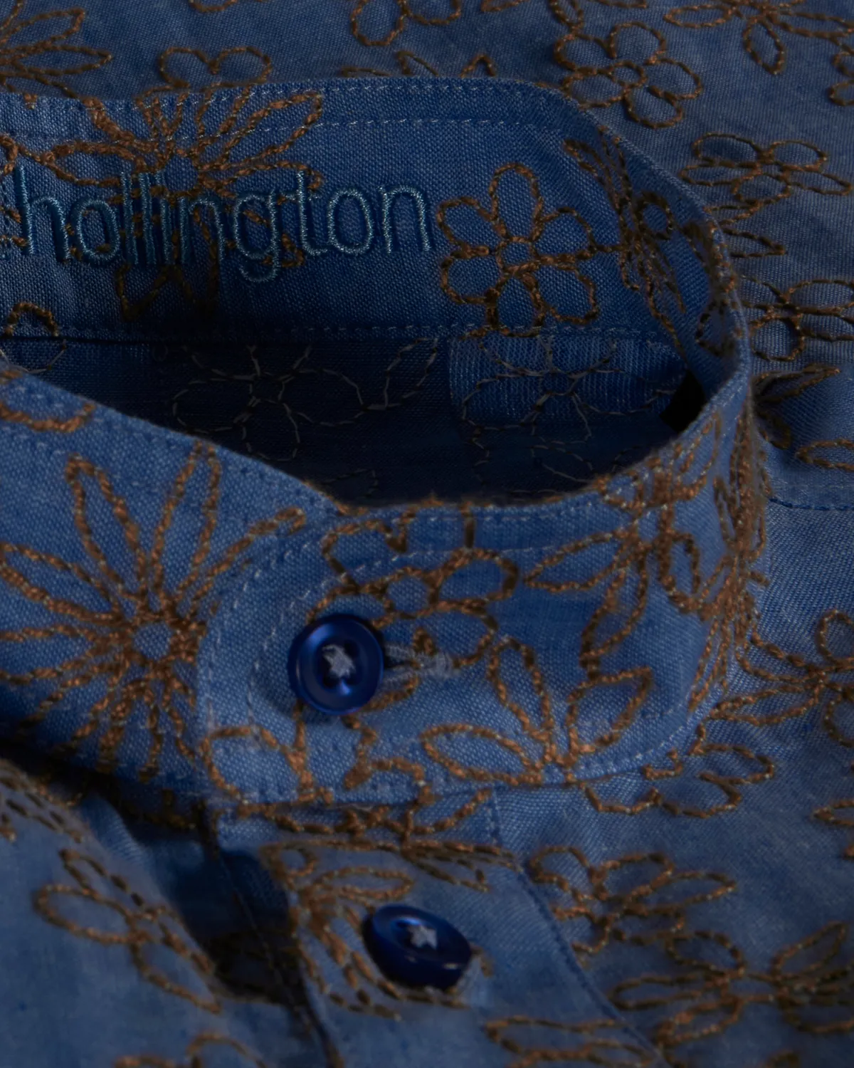 Hollington chemise col mao lin coton fleurs bleues