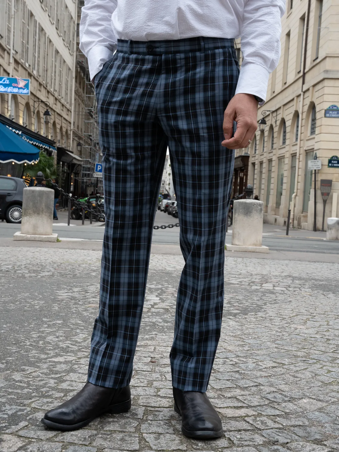 Hollington siza pantalon navy carreaux extensible