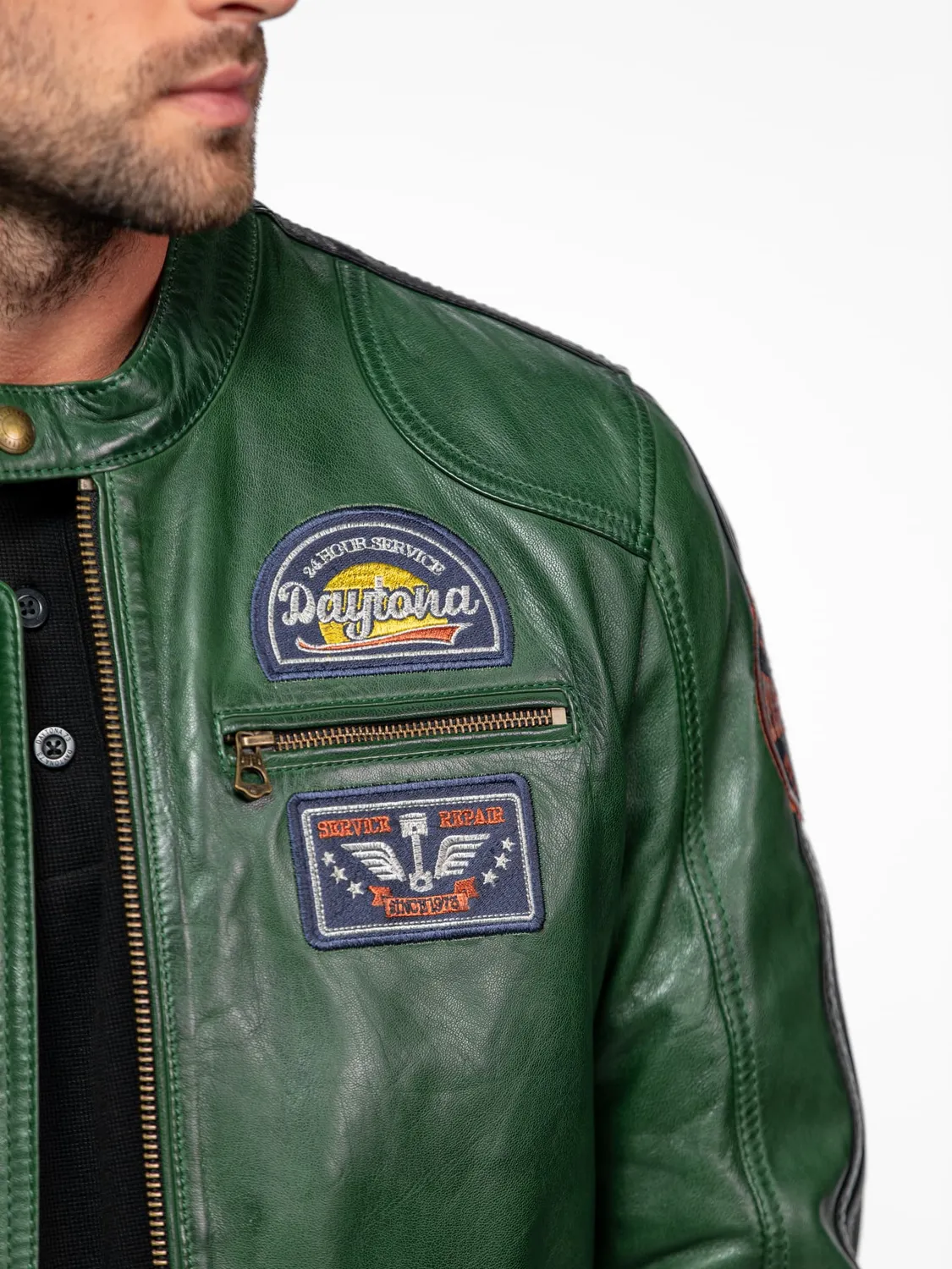 Daytona Tormo blouson cuir motard noir mouton patchs ajusté