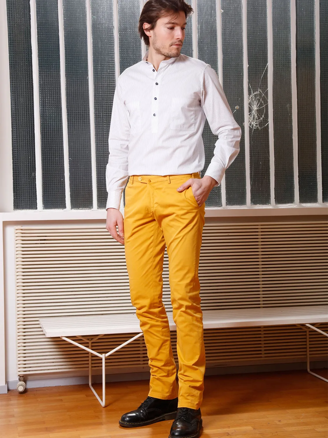 Hollington chemise slim col mao rayée blanche L coton