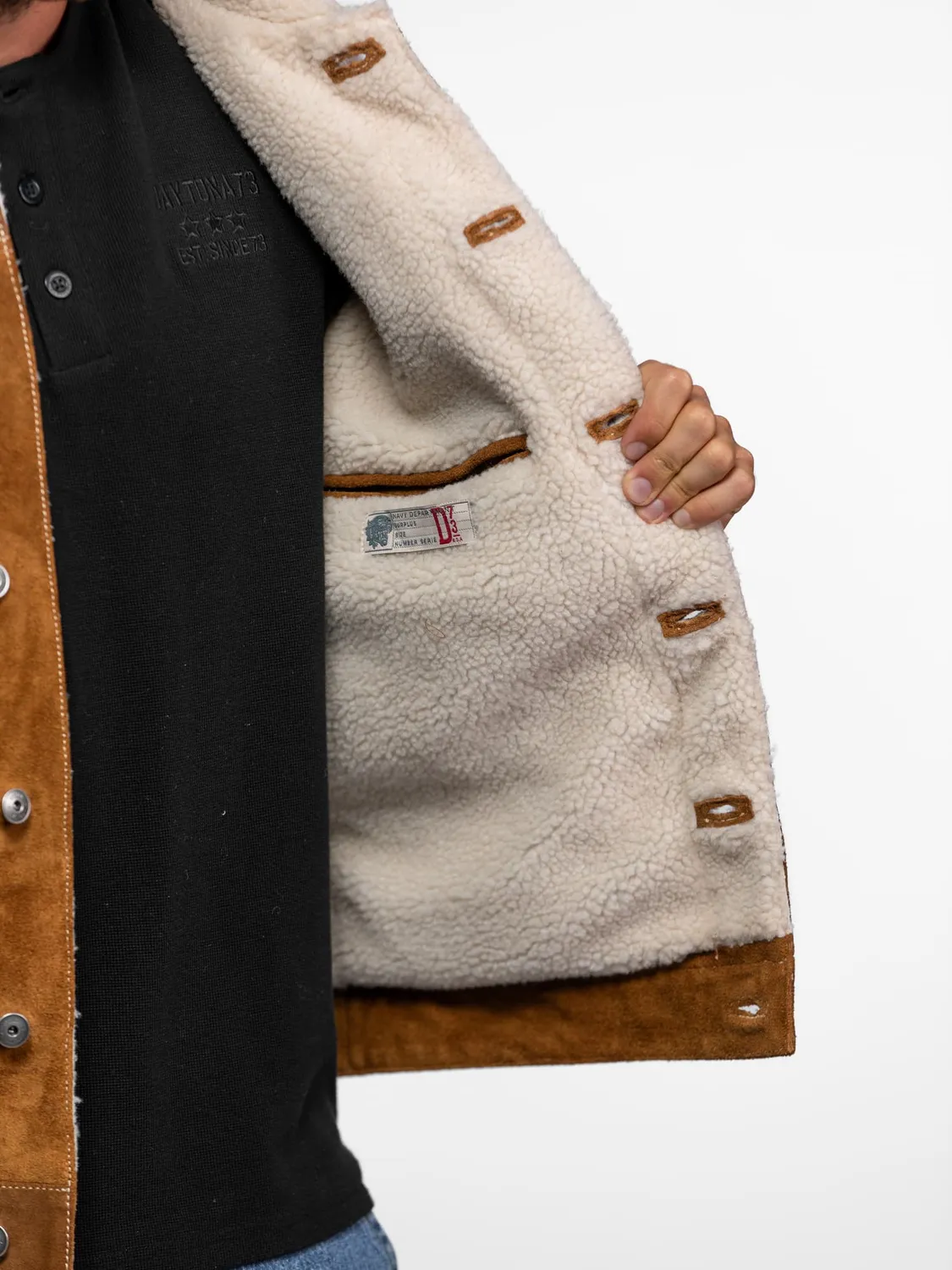 Daytona Trucker blouson cuir nubuck sherpa cognac