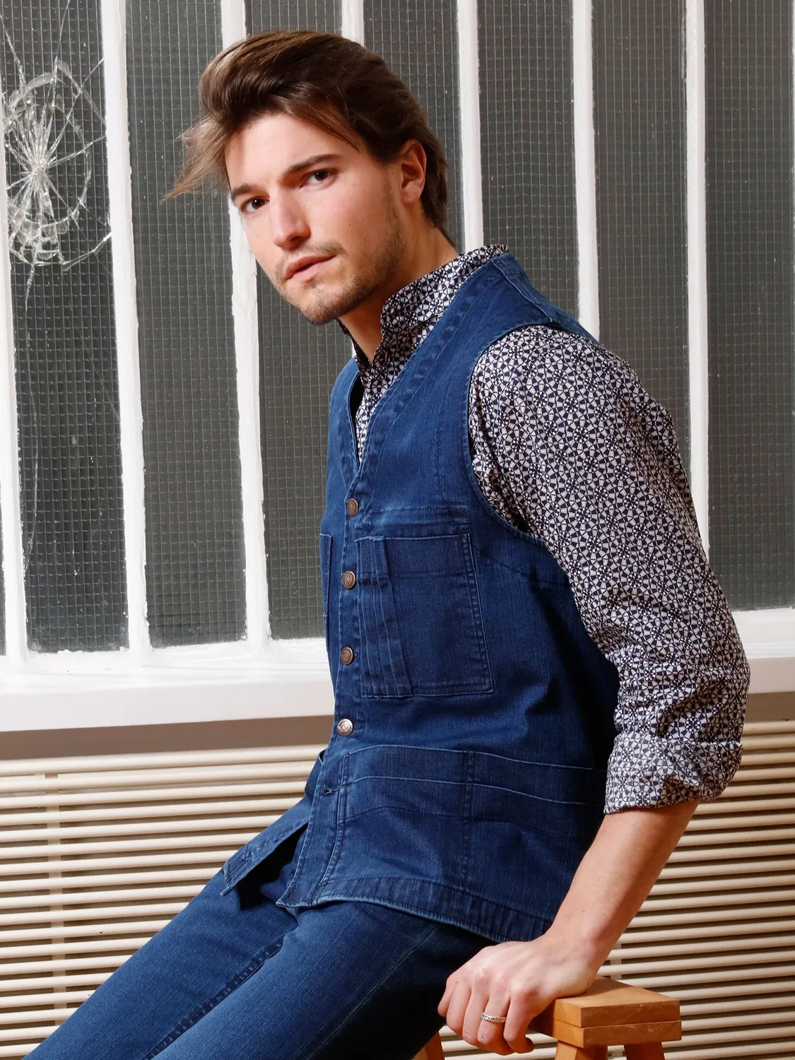 Hollington 20 poches gilet denim indigo extensible bleu 46