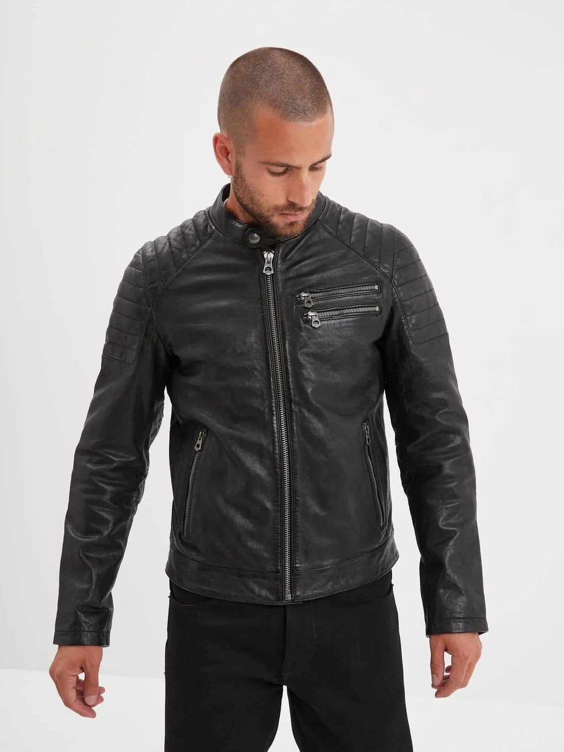 Daytona Starget blouson cuir vintage noir col motard