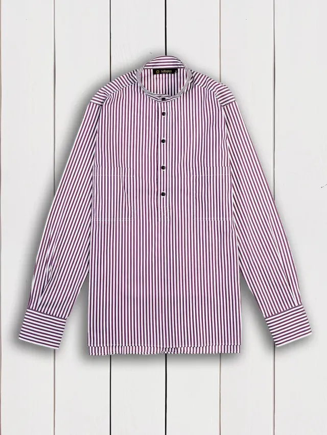 Hollington chemise col mao slim rayures plum popeline stretch