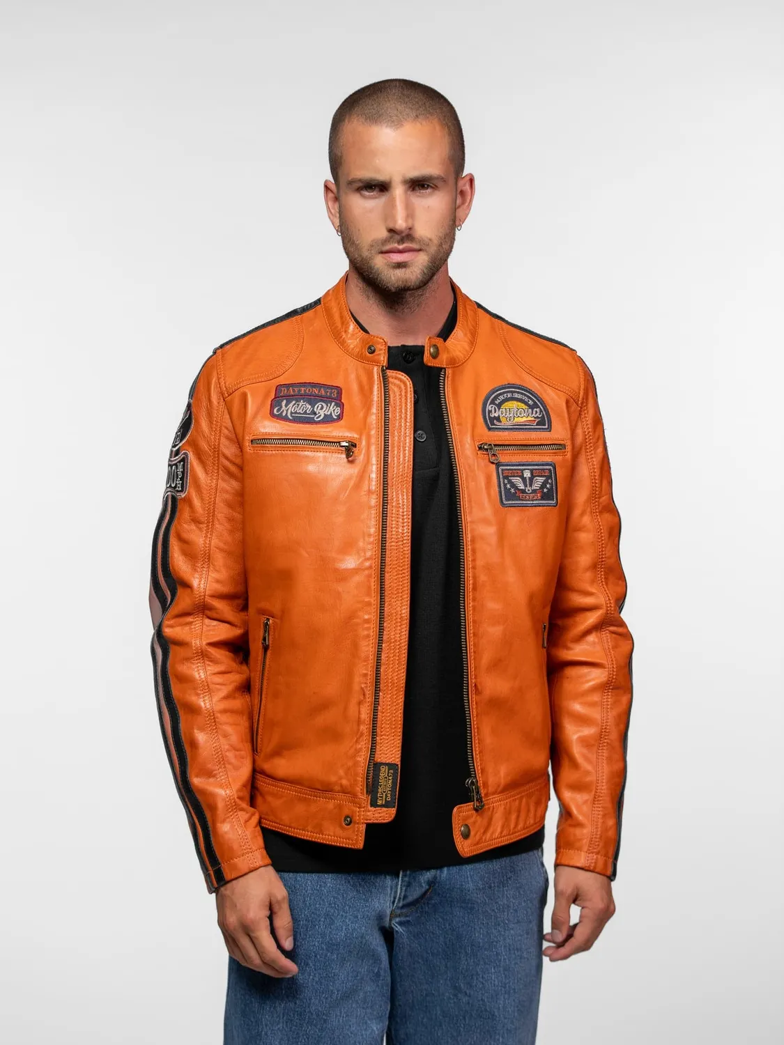 Daytona Tormo blouson cuir motard noir mouton patchs ajusté
