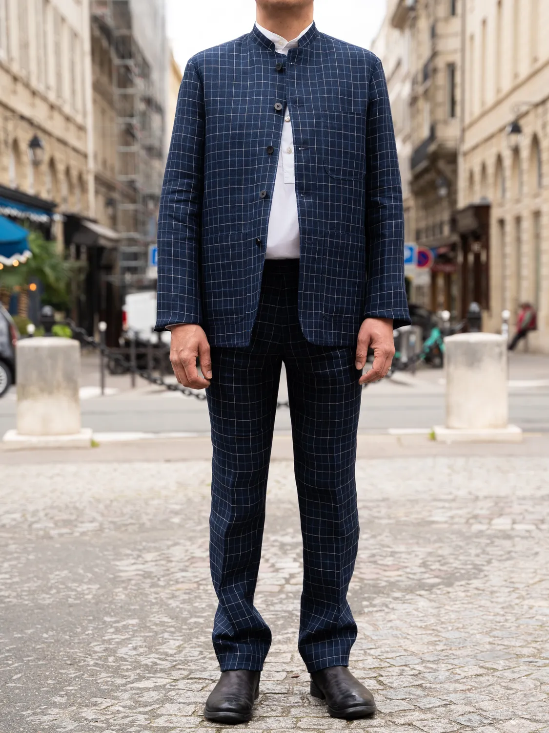 Hollington Siza pantalon lin laine carreaux British blue