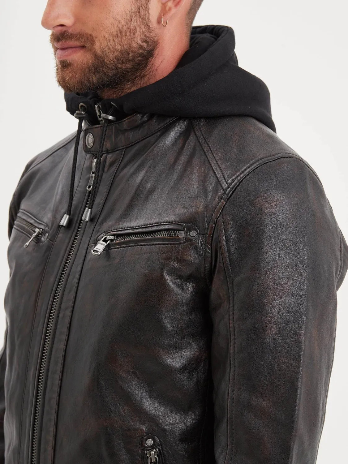 Daytona Winstoner blouson cuir capuche Black/Cognac agneau