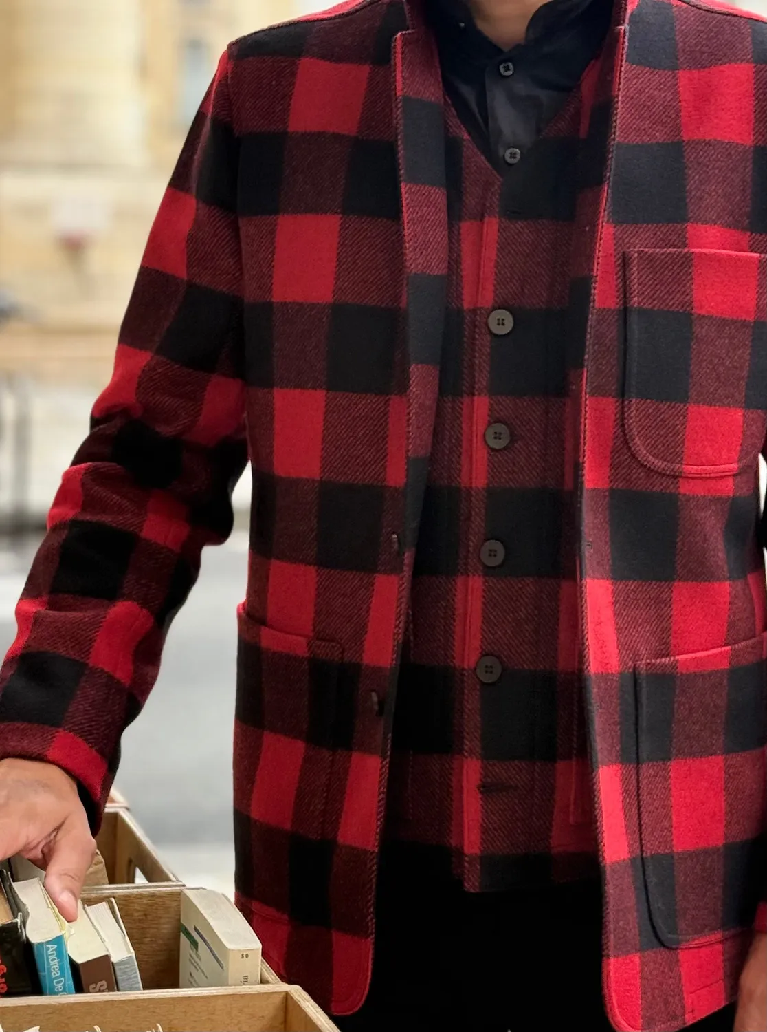 HOLLINGTON tyrol veste carreaux rouge noir drap laine