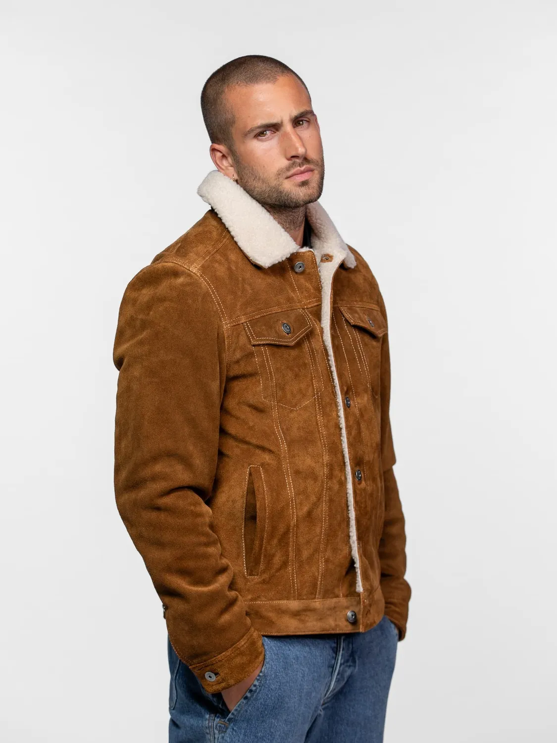 Daytona Trucker blouson cuir nubuck sherpa cognac