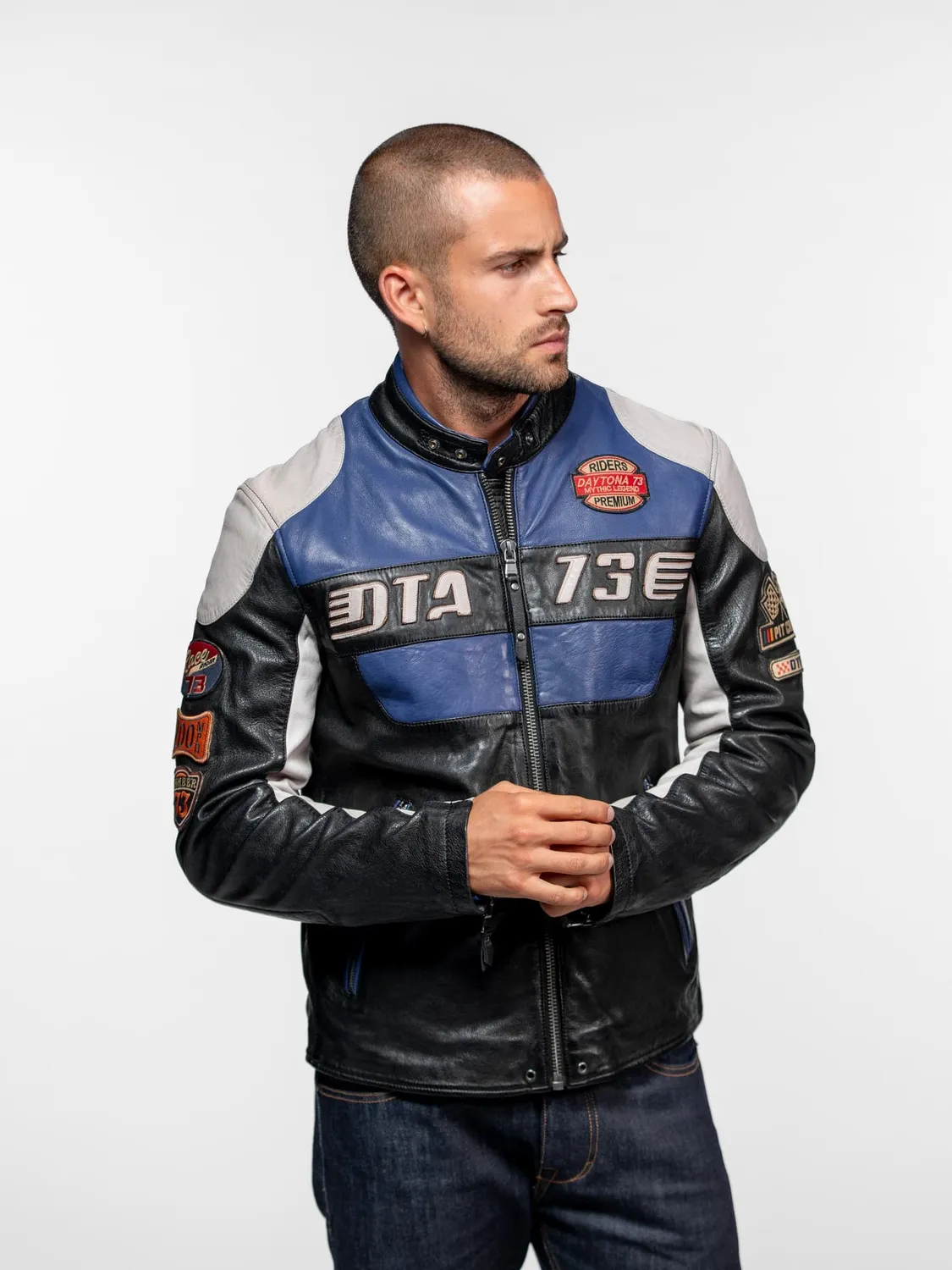 Daytona Findlay blouson cuir racing short blue