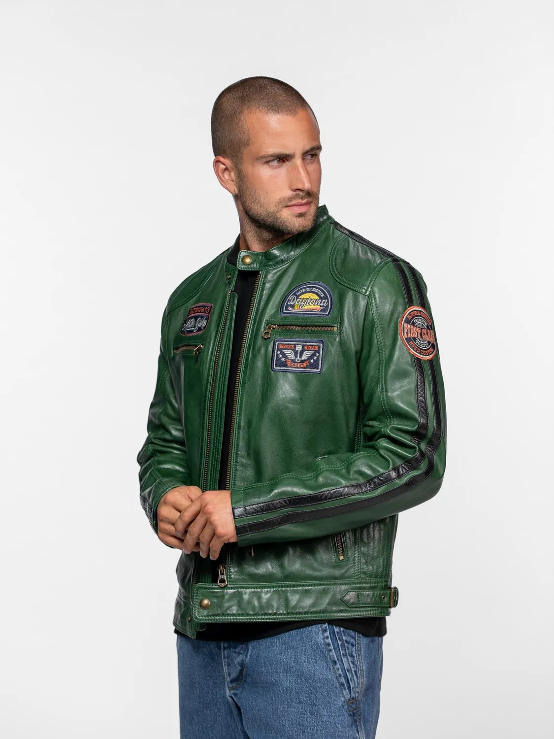 Daytona Tormo blouson cuir motard noir mouton patchs ajusté