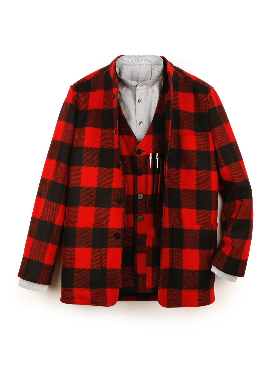 HOLLINGTON tyrol veste carreaux rouge noir drap laine