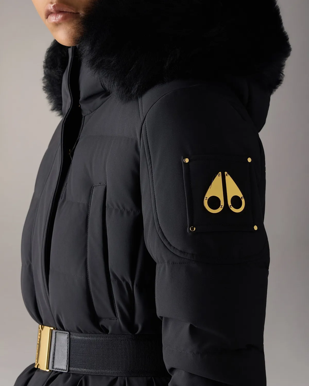 Moose Knuckles Gilded parka longue noire ceinture dorée