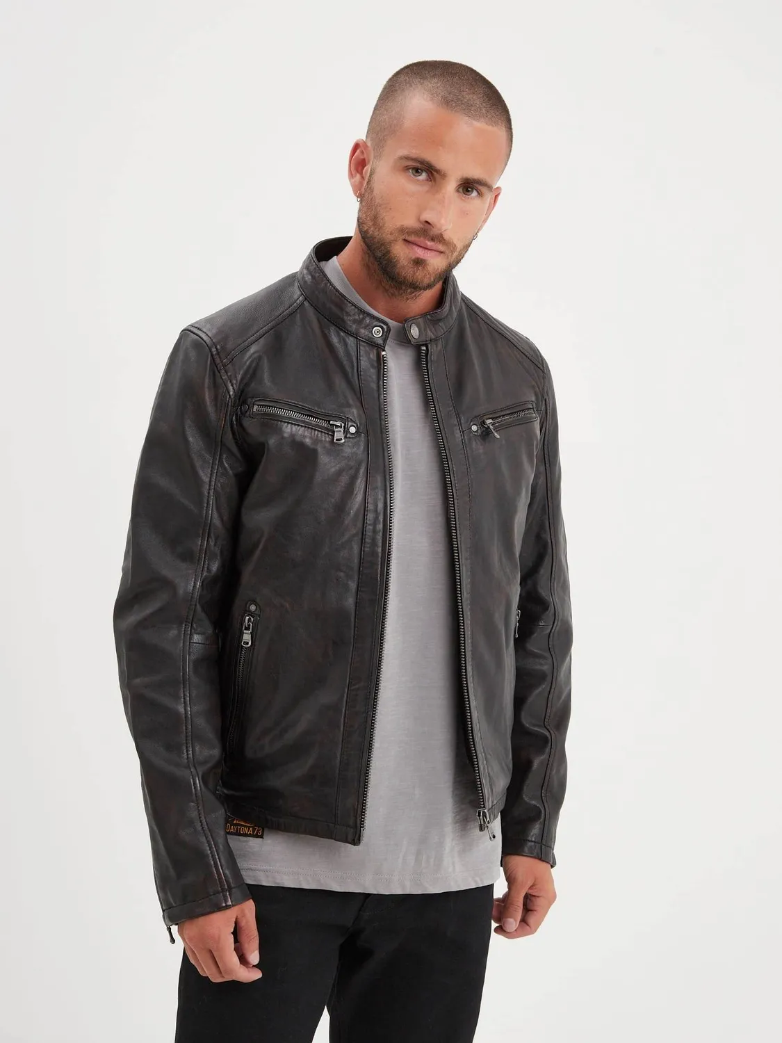 Daytona Winstoner blouson cuir capuche Black/Cognac agneau
