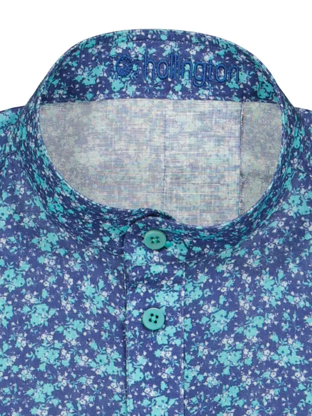 Hollington chemise lin col mao fleurs turquoise