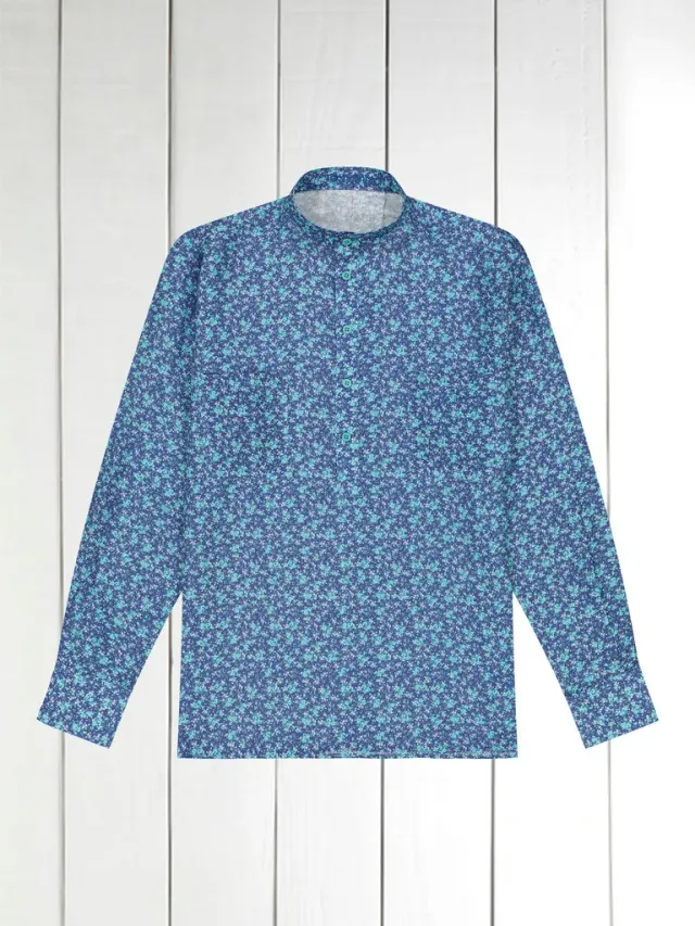 Hollington chemise lin col mao fleurs turquoise