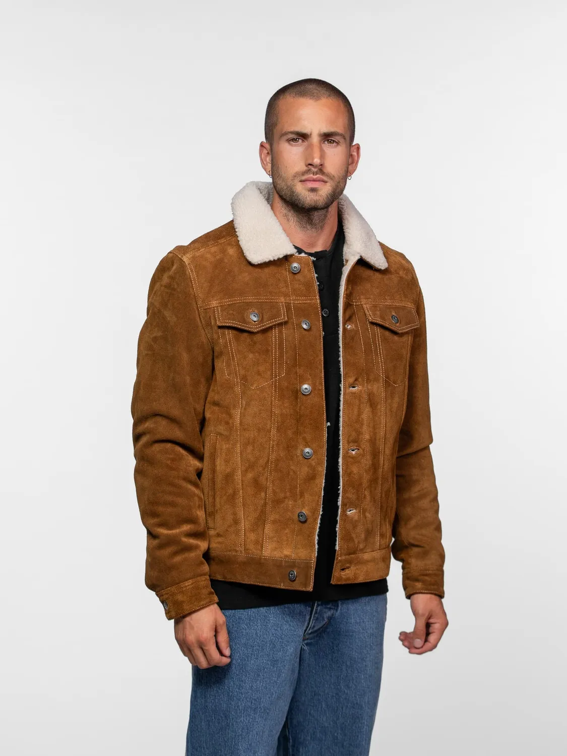 Daytona Trucker blouson cuir nubuck sherpa cognac