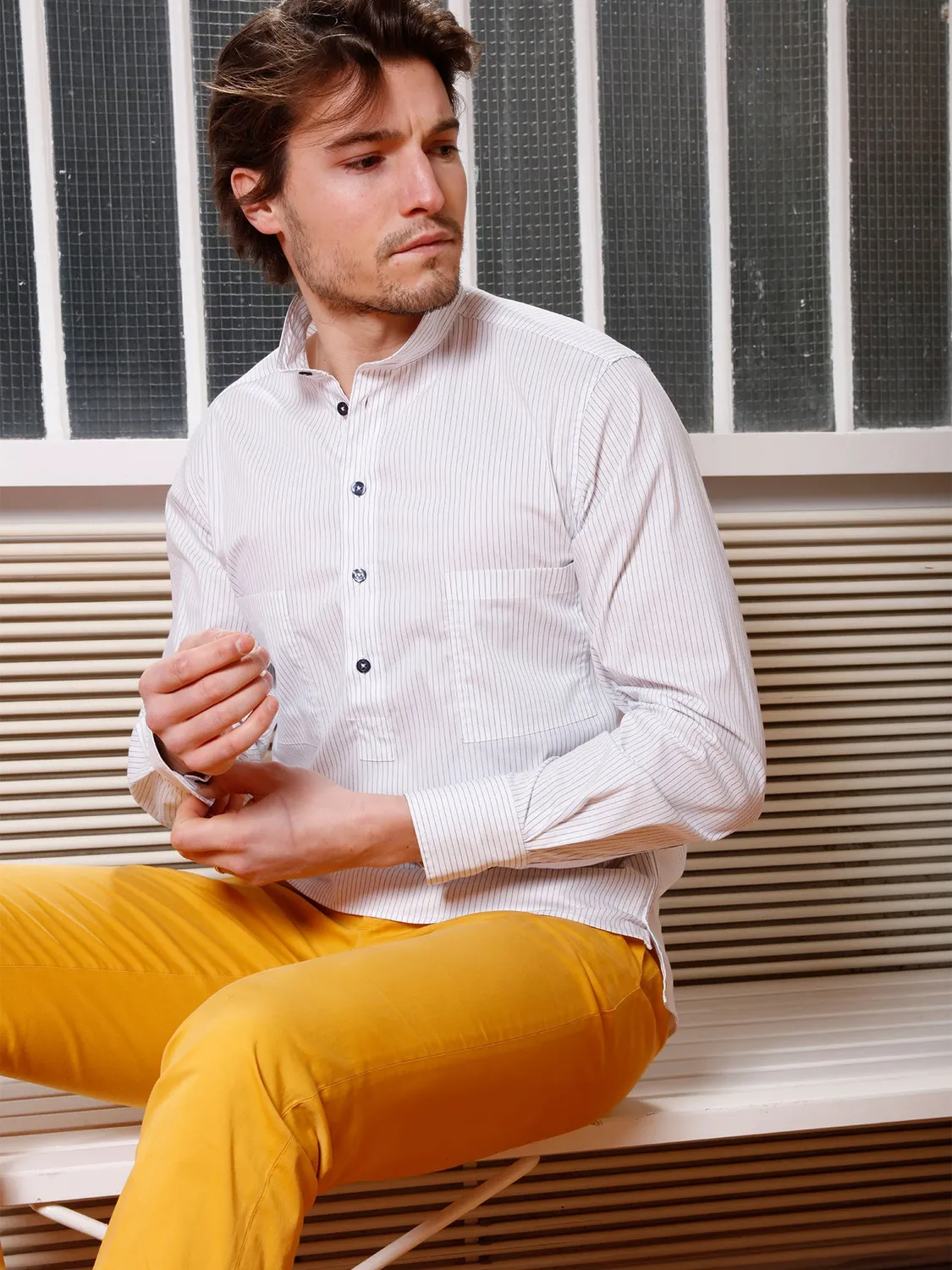 Hollington chemise slim col mao rayée blanche L coton