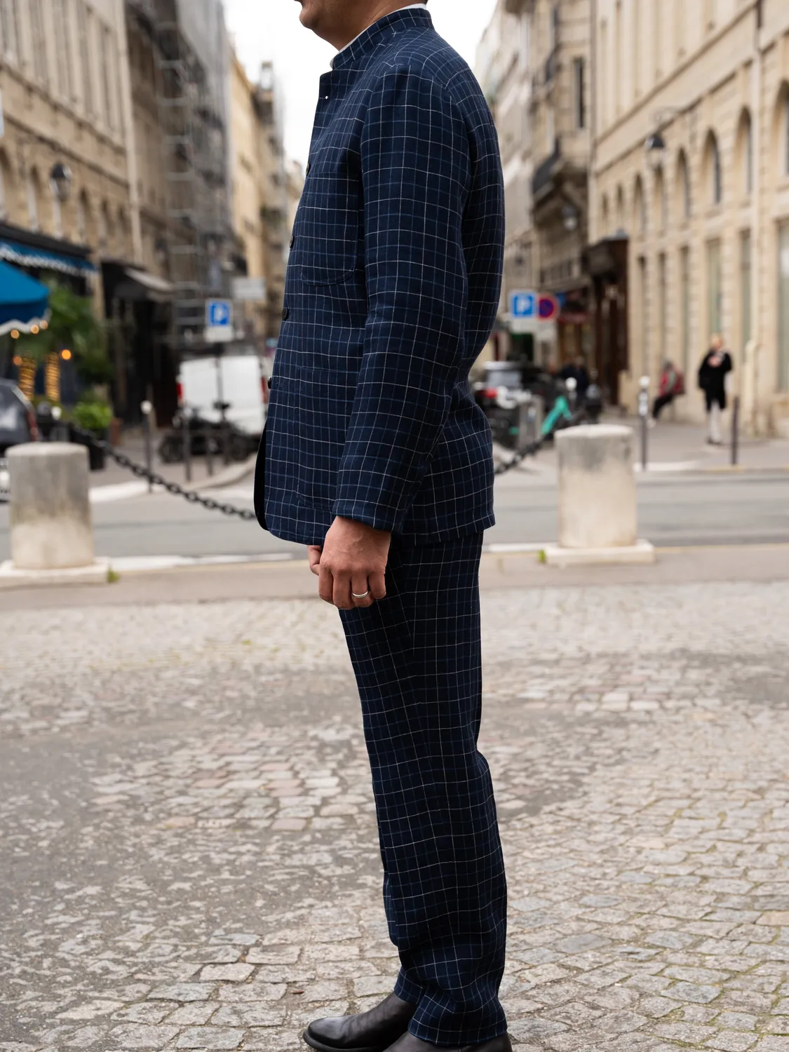 Hollington Siza pantalon lin laine carreaux British blue