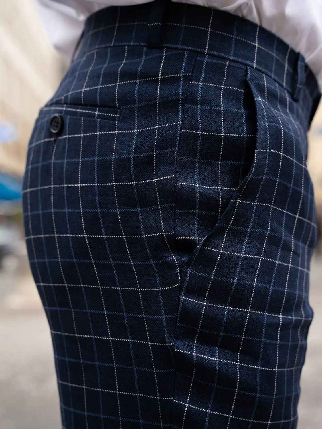 Hollington Siza pantalon lin laine carreaux British blue