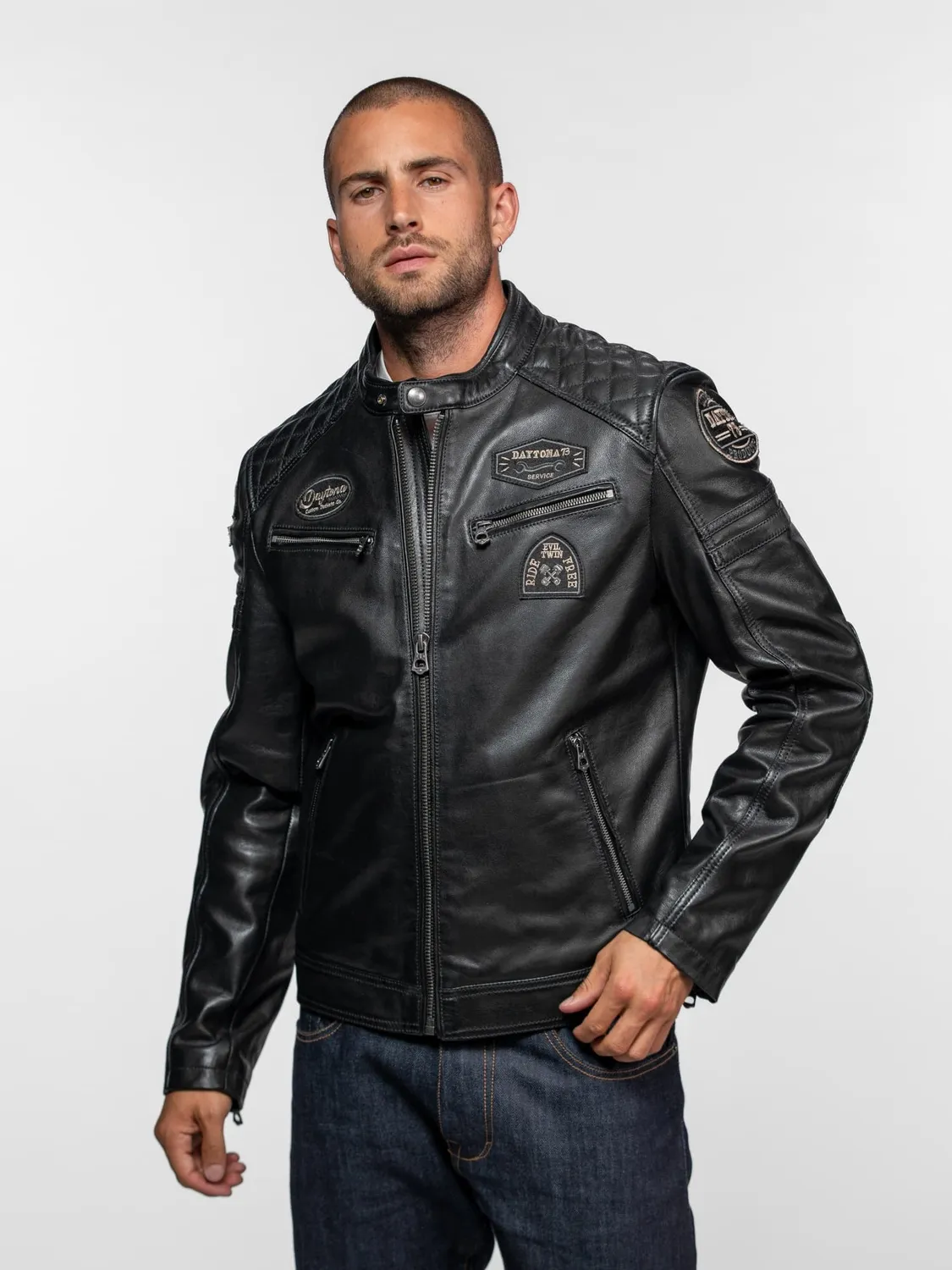 Daytona Nieto blouson cuir motard noir mouton vintage ajusté