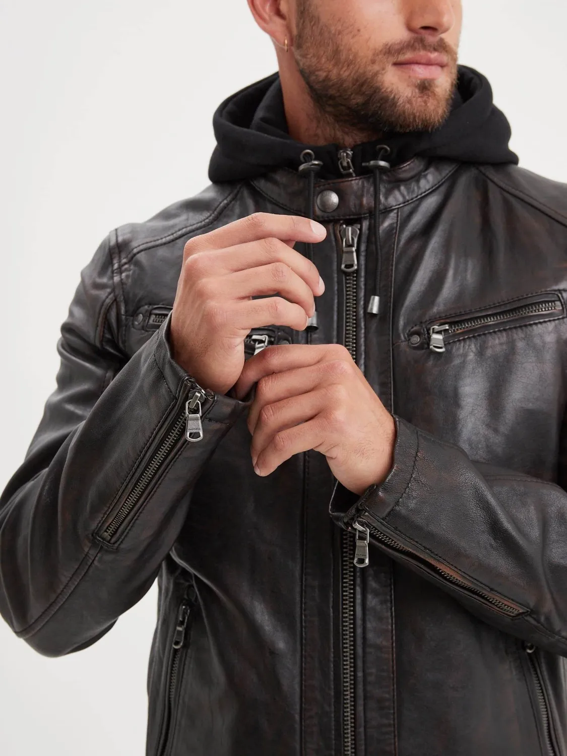Daytona Winstoner blouson cuir capuche Black/Cognac agneau