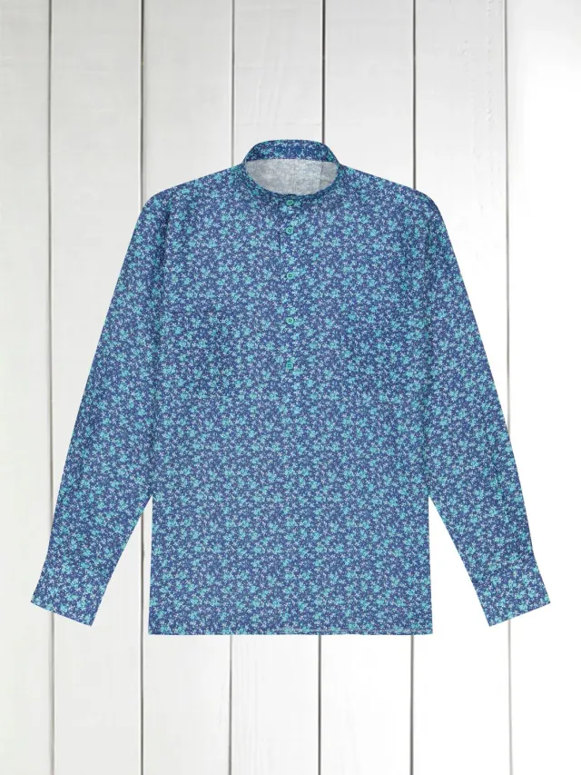 Hollington lin fleurs chemise col mao turquoise coupe droite
