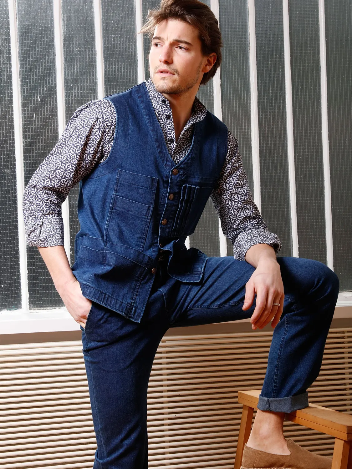 Hollington 20 poches gilet denim indigo extensible bleu 46
